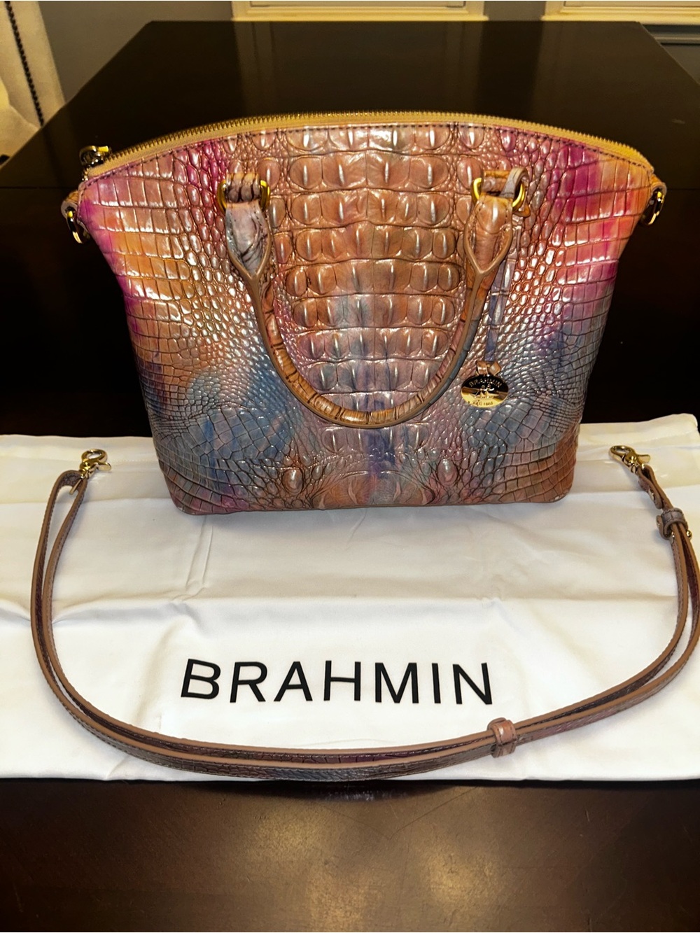 Brahmin Multicolor Croc-Embossed Leather Shoulder Satchel - Pink, Brown, Blue